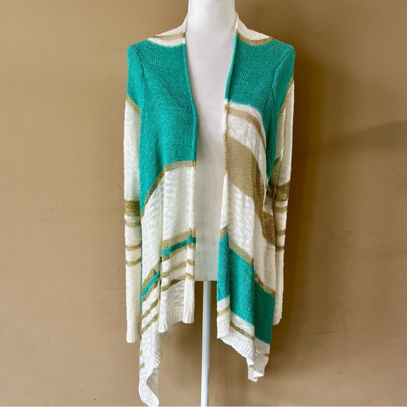 Daytrip Sweaters - Daytrip Large White Green Gold Cardigan Crochet Sweater Open Knit Draped Front